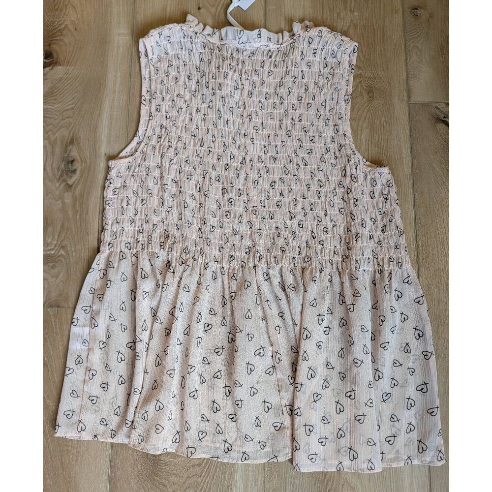Rose & Olive Smocked Peplum Top XL Pink Hearts Gold Thread Sheer NWT Coquette - Picture 3 of 12